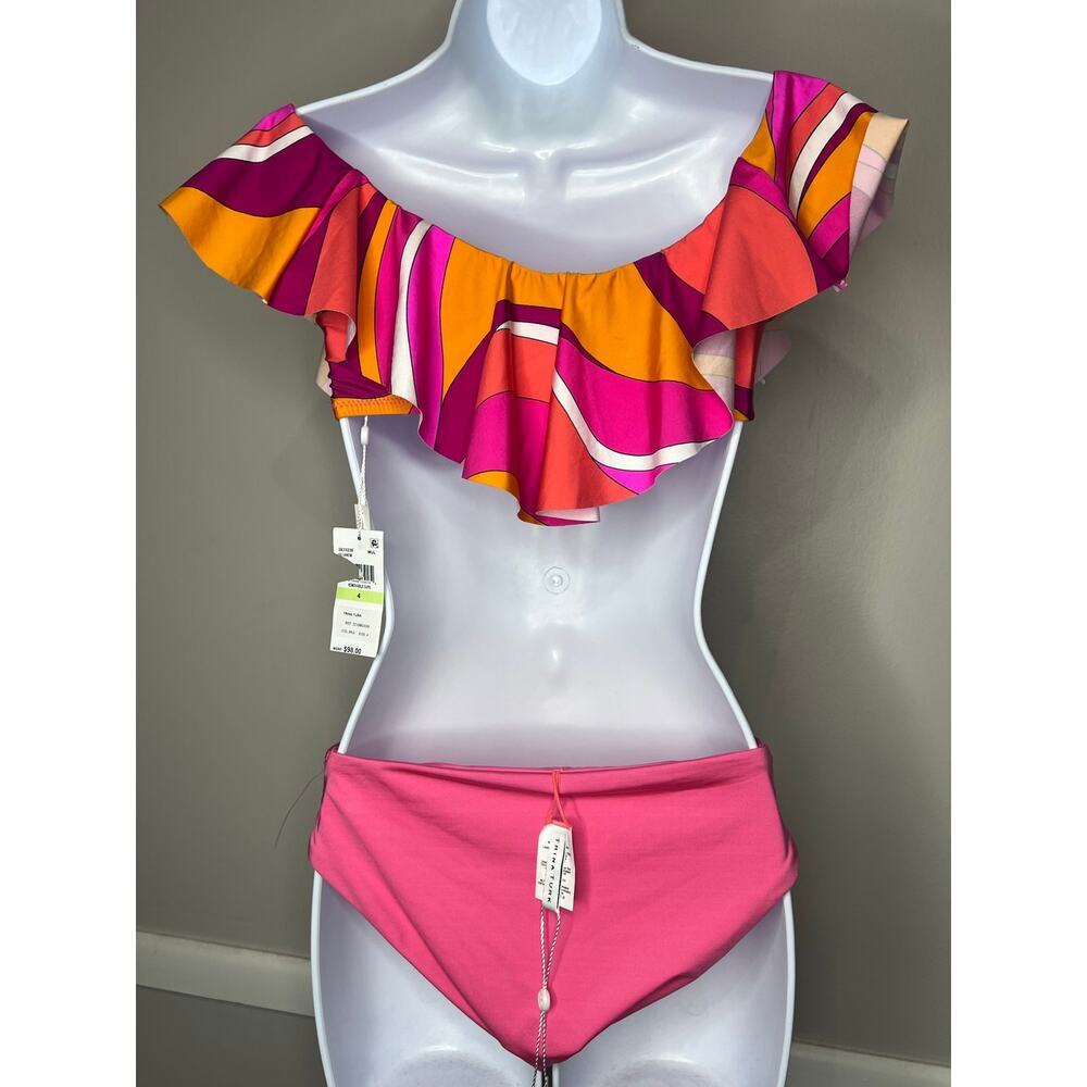Trina Turk Off Shoulder Ruffle Bikini Set Pink Multi Print NWT Size 4 - Picture 2 of 4